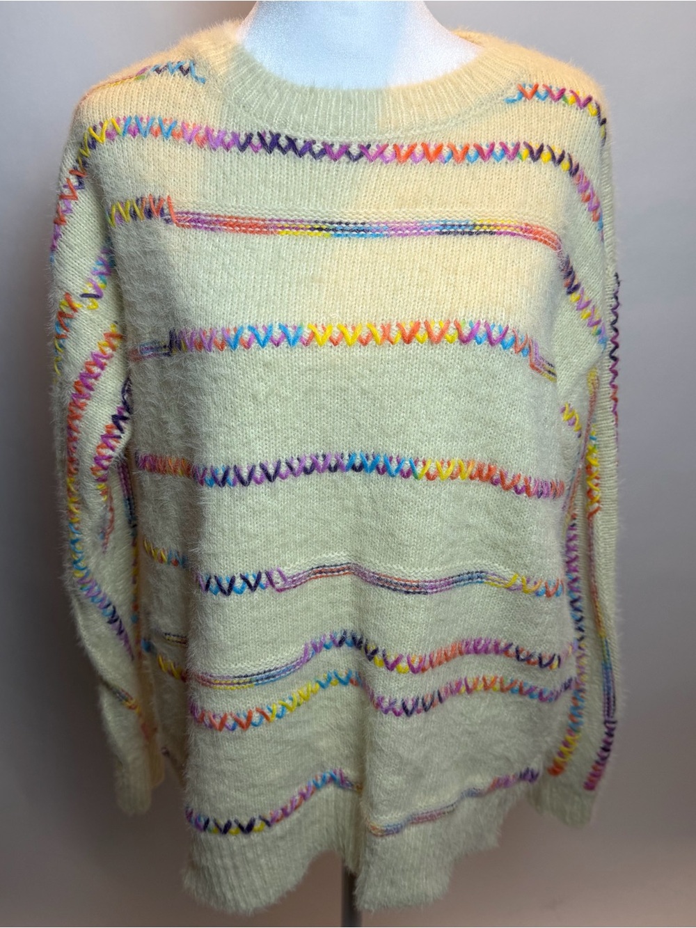 Cream Crewneck Sweater with Multicolor Stitch Detail